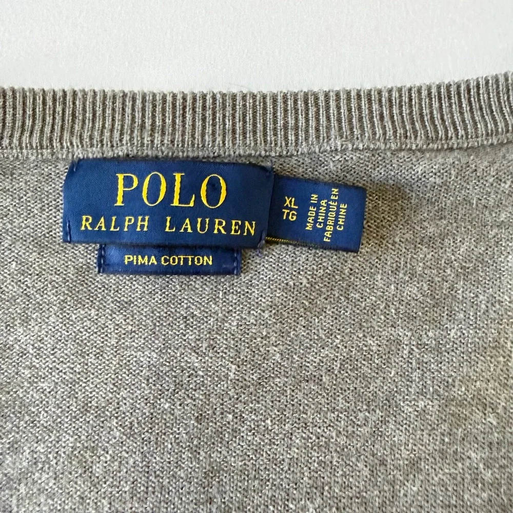 Polo‎ Ralph Lauren Mens XL Grey Pima Cotton V-Neck Sweater Heathered Pony Logo